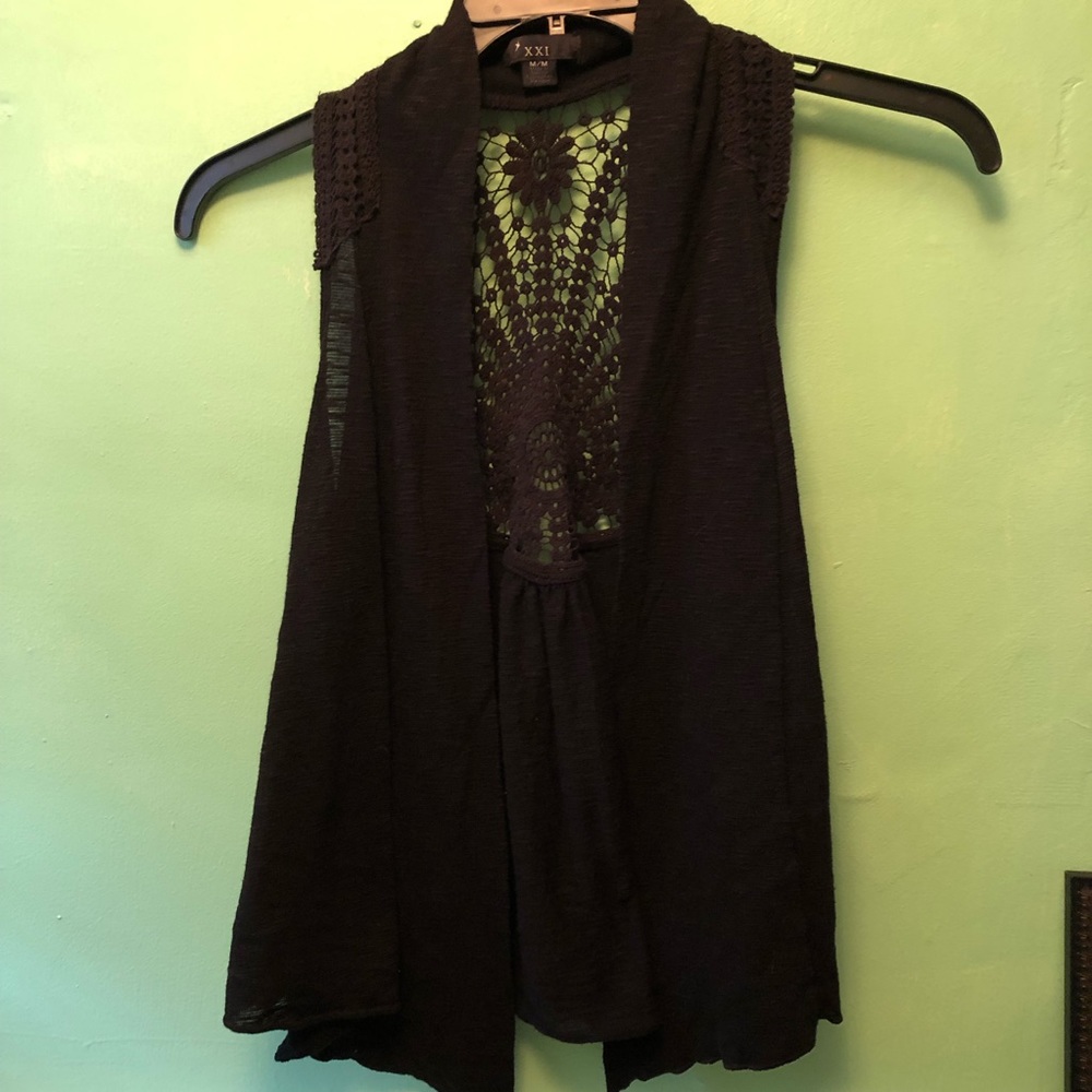 Forever XXI Black Open Vest with Crochet Lace